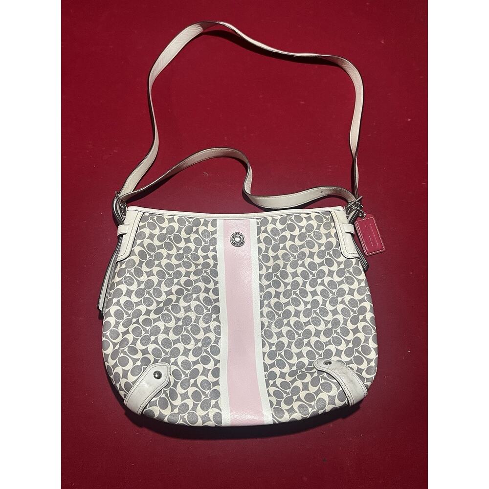 coach signature stripe shoulder bag featuring a grey and white “c” pattern